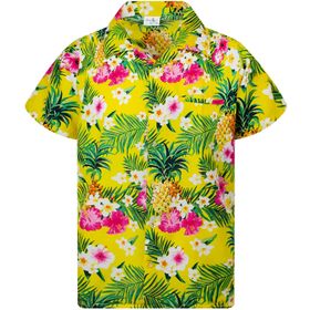 King Kameha Funky Hawaii Kısa Kol Ön Cepli Çiçek Baskılı Pineapple Flowers Sarı Erkek Gömlek
