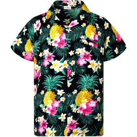 King Kameha Funky Hawaii Kısa Kol Ön Cepli Çiçek Baskılı Pineapple Flowers Siyah Erkek Gömlek
