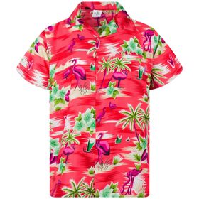 King Kameha Funky Hawaii Kısa Kol Ön Cepli Flamingo Çiçekleri Palmiye Kırmızı Erkek Gömlek