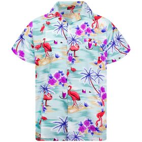 King Kameha Funky Hawaii Kısa Kol Ön Cepli Flamingos Çiçek Palmiye Nane Yeşili Erkek Gömlek