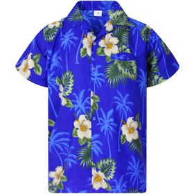 King Kameha Funky Hawaii Kısa Kol Ön Cepli Flower Design Mavi Erkek Gömlek
