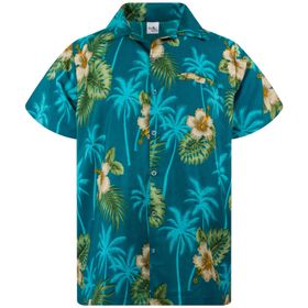 King Kameha Funky Hawaii Kısa Kol Ön Cepli Flower Design Petrol Yeşili Erkek Gömlek