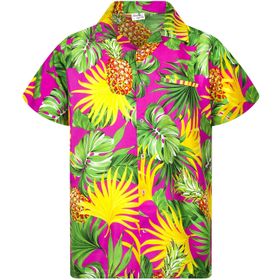 King Kameha Funky Hawaii Kısa Kol Ön Cepli Palmiye Çiçekli Mavi Pineapple Leaves Pembe Erkek Gömlek