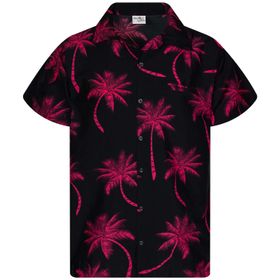 King Kameha Funky Hawaii Kısa Kol Ön Cepli Palmiye Siyah Kırmızı Erkek Gömlek