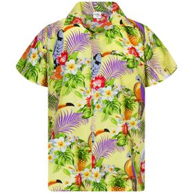 King Kameha Funky Hawaii Kısa Kol Ön Cepli Papağan Kakadu Açık Sarı Erkek Gömlek