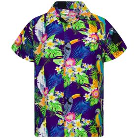 King Kameha Funky Hawaii Kısa Kol Ön Cepli Papağan Kakadu Mor Erkek Gömlek