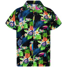 King Kameha Funky Hawaii Kısa Kol Ön Cepli Papağan Kakadu Siyah Erkek Gömlek