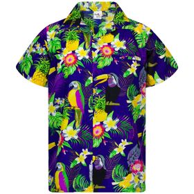 King Kameha Funky Hawaii Kısa Kol Ön Cepli Papağan Koyu Mavi Erkek Gömlek