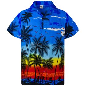 King Kameha Funky Hawaii Kısa Kol Ön Cepli Şık Çiçekli Baskılı Palmiye Mavi Erkek Gömlek