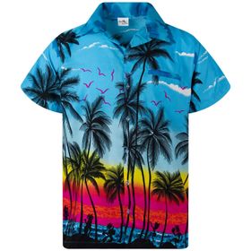 King Kameha Funky Hawaii Kısa Kol Ön Cepli Şık Çiçekli Baskılı Palmiye Turkuaz Erkek Gömlek