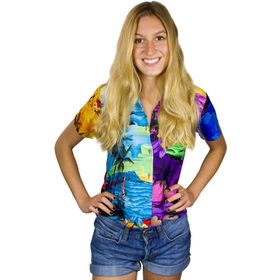 King Kameha Funky Hawaii Ön Cepli Kısa Kol Baskılı Surf Mix Kadın Gömlek
