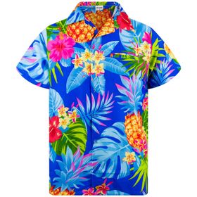 King Kameha Funky Hawaii Şık Kısa Kol Ön Cepli Ananas Mavi Erkek Gömlek