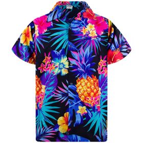 King Kameha Funky Hawaii Şık Kısa Kol Ön Cepli Ananas Siyah Mavi Erkek Gömlek