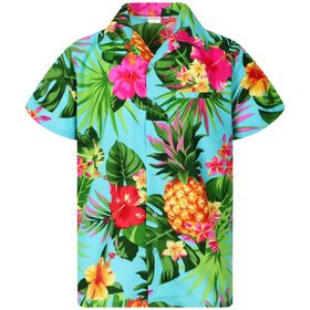King Kameha Funky Hawaii Şık Kısa Kol Ön Cepli Ananas Turkuaz Erkek Gömlek