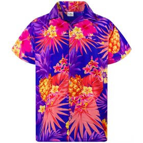 King Kameha Funky Hawaii Şık Kısa Kol Ön Cepli Çam Elması Koyu Mavi Erkek Gömlek