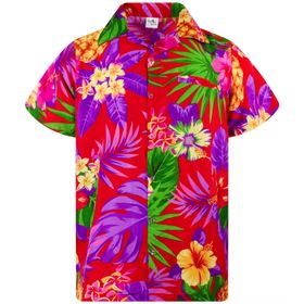 King Kameha Funky Hawaii Şık Kısa Kol Ön Cepli Pineapple Kırmızı Erkek Gömlek
