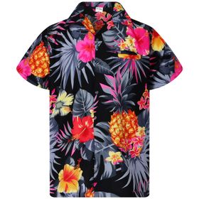 King Kameha Funky Hawaii Şık Kısa Kol Ön Cepli Pineapple Siyah Gri Erkek Gömlek