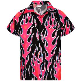 King Kameha Funky Hawaii Style Rockn Roll Alevli Kısa Kol Flames Wild Deisng Pink Erkek Gömlek