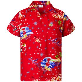 King Kameha Hawaii Kısa Kol Düğmeli Noel Kırmızı Erkek Gömlek