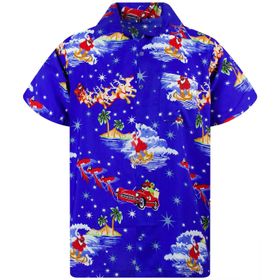 King Kameha Hawaii Kısa Kol Düğmeli Noel Mavi Erkek Gömlek