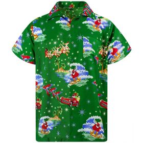 King Kameha Hawaii Kısa Kol Düğmeli Noel Yeşil Erkek Gömlek