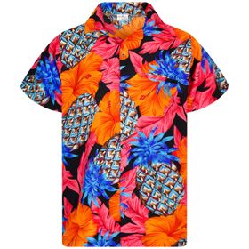 King Kameha Hawaii Kısa Kol Ön Cepli Baskılı Ananas Hibiscus Siyah Kırmızı Erkek Gömlek