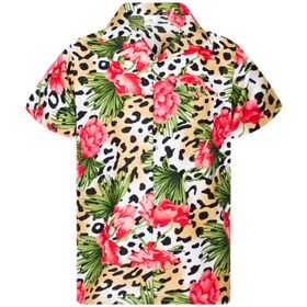 King Kameha Hawaii Şık Düğmeli Kısa Kol Leopar Çiçekleri Bej Doğal Erkek Gömlek