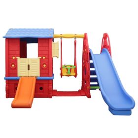 King Kids Büyük Salıncaklı Kaydıraklı Plastik Ev Seti Potalı Kırmızı Mavi Sarı Kaydırak