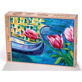 King Of Puzzle Pembe Laleler ve Gondol Venedik 500 Parça Puzzle