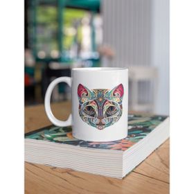 Kio Tasarım Renkli Kedi Kafası Baskılı Beyaz Kupa