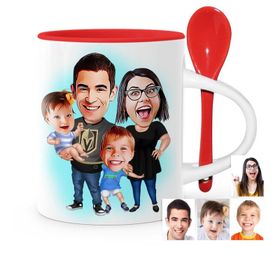 Kişiye Özel Aile Karikatür Kırmızı Kaşıklı 3 Kupa Bardak