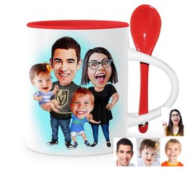Kişiye Özel Aile Karikatür Kırmızı Kaşıklı 3 Kupa Bardak