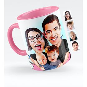 Kişiye Özel Aile Karikatürlü Pembe 4 Kupa Bardak