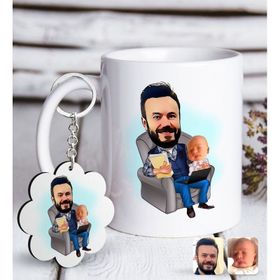 Kişiye Özel Anahtarlık ve Baba Oğul Karikatürlü Beyaz Kupa