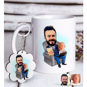 Kişiye Özel Anahtarlık ve Baba Oğul Karikatürlü Beyaz Kupa