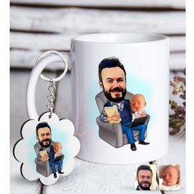 Kişiye Özel Anahtarlık ve Baba Oğul Karikatürlü Beyaz Kupa