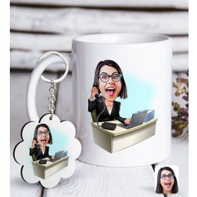 Kişiye Özel Anahtarlık ve Bayan Asistan Karikatürlü Beyaz Kupa
