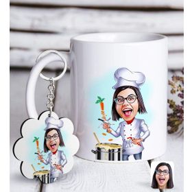 Kişiye Özel Anahtarlık ve Bayan Chef Karikatürlü Beyaz Kupa