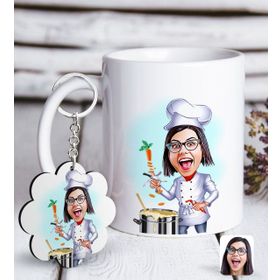 Kişiye Özel Anahtarlık ve Bayan Chef Karikatürlü Beyaz Kupa