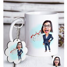 Kişiye Özel Anahtarlık ve Bayan Patron Karikatürlü Beyaz Kupa