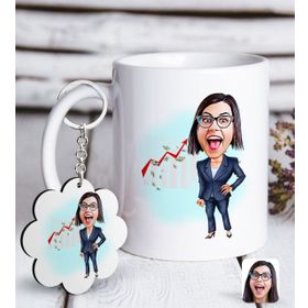 Kişiye Özel Anahtarlık ve Bayan Patron Karikatürlü Beyaz Kupa