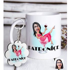 Kişiye Özel Anahtarlık ve Bayan Patroniçe Karikatürlü Beyaz Kupa