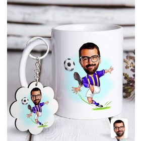 Kişiye Özel Anahtarlık ve Sarı Lacivert Futbolcu Karikatürlü Beyaz Kupa