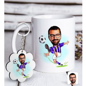 Kişiye Özel Anahtarlık ve Sarı Lacivert Futbolcu Karikatürlü Beyaz Kupa
