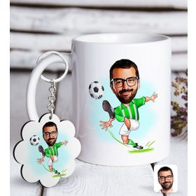 Kişiye Özel Anahtarlık ve Yeşil Beyaz Futbolcu Karikatürlü Beyaz Kupa