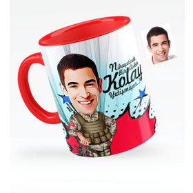 Kişiye Özel Asker Karikatürlü Kırmızı 2 Kupa Bardak