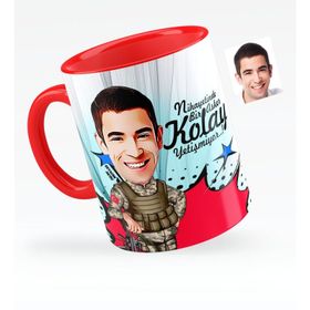 Kişiye Özel Asker Karikatürlü Kırmızı 2 Kupa Bardak