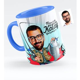 Kişiye Özel Bay Balıkçı Karikatürlü Mavi 1 Kupa Bardak
