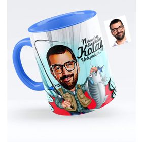 Kişiye Özel Bay Balıkçı Karikatürlü Mavi 1 Kupa Bardak