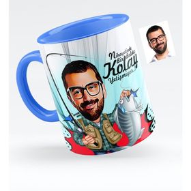 Kişiye Özel Bay Balıkçı Karikatürlü Mavi 1 Kupa Bardak